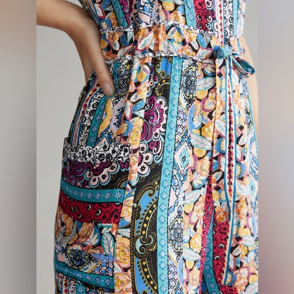 Anthropologie Calais Floral Patchwork Wide Leg Jumpsuit XS Belted Pockets - Picture 5 of 6